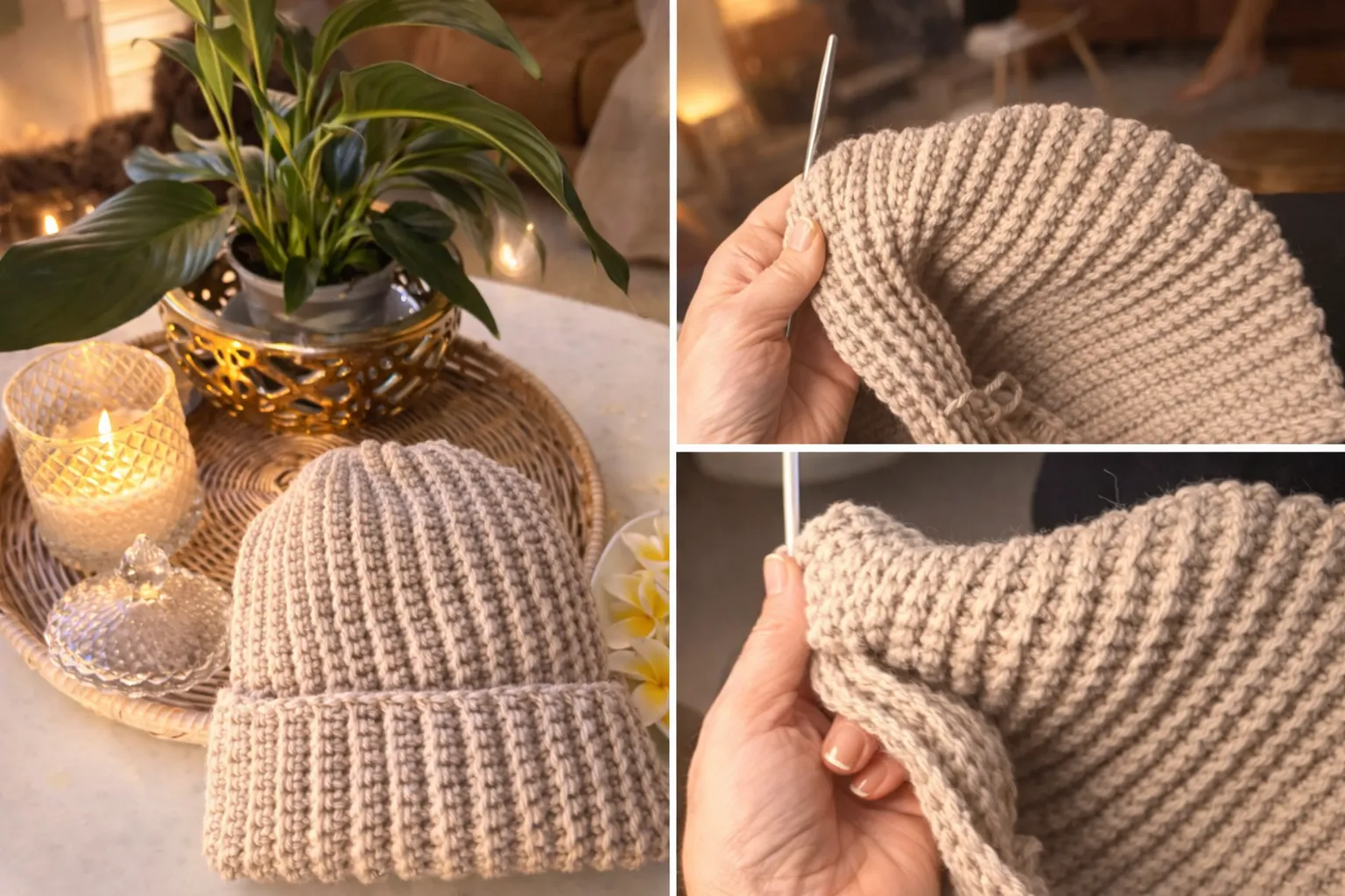 Three panels showing a finished oatmeal ribbed beanie on a wicker tray and two close-ups of hands mid-crochet.
