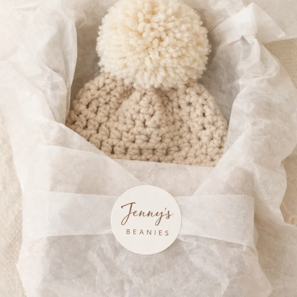 A small cream beanie wrapped in tissue, with a circular Jenny's Beanies sticker.