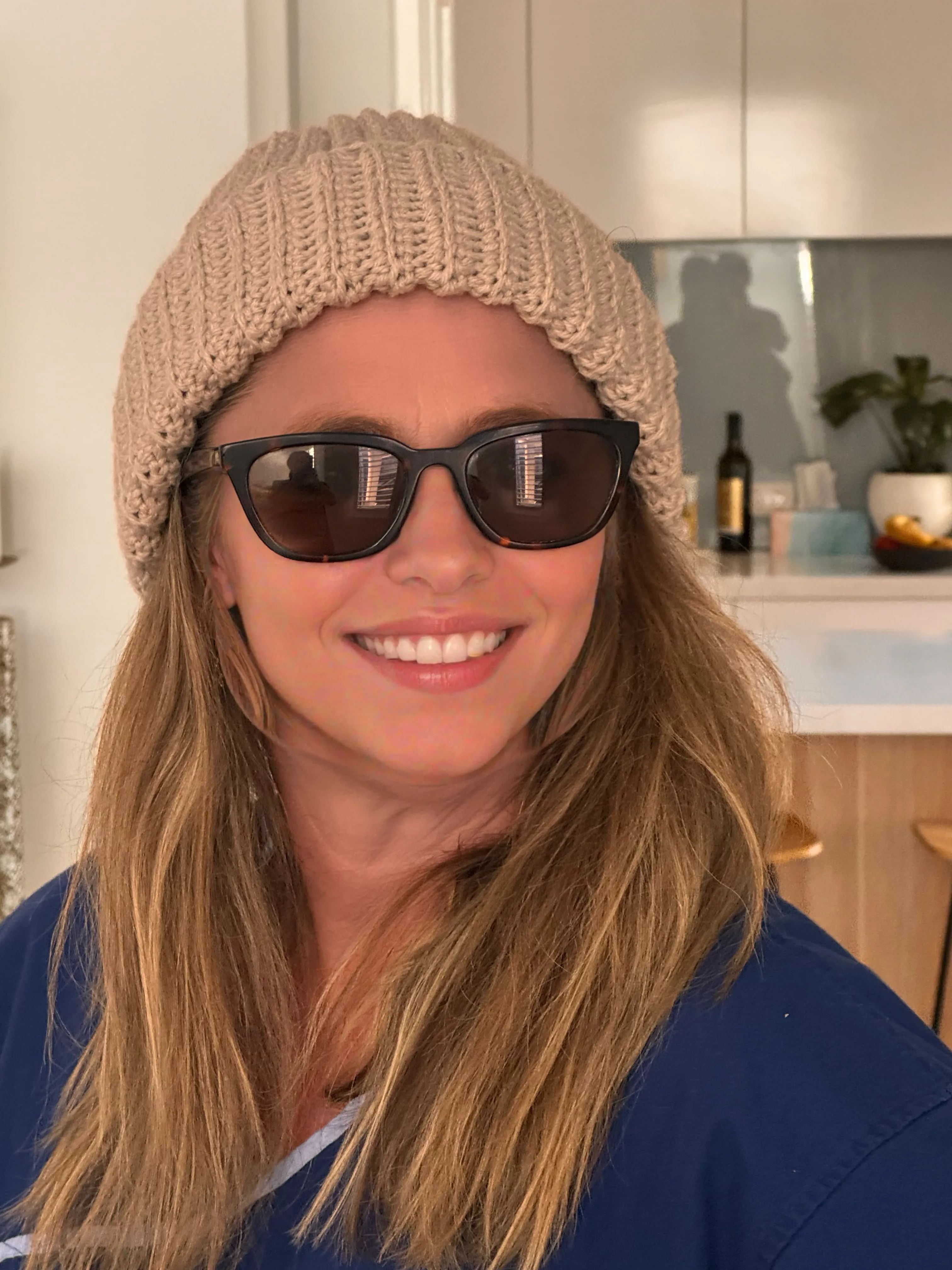 Adult ribbed beanie, side angle.