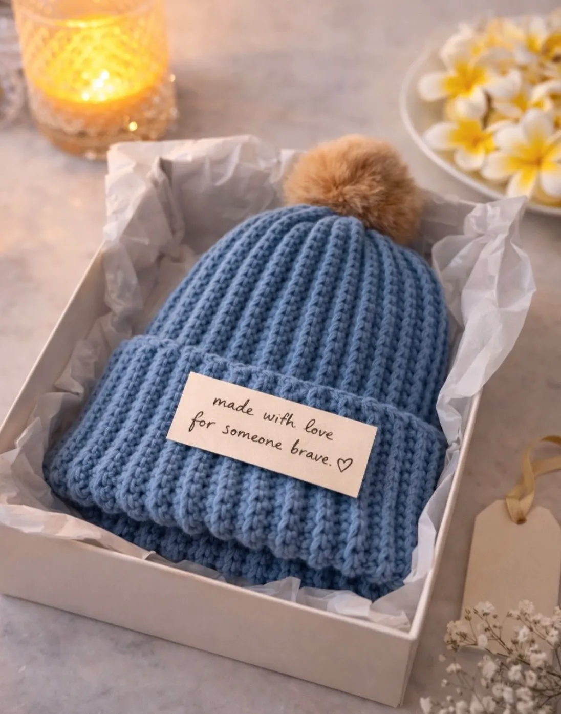 A dusty-blue ribbed adult beanie in a gift box on tissue, with a handwritten 'made with love' tag.