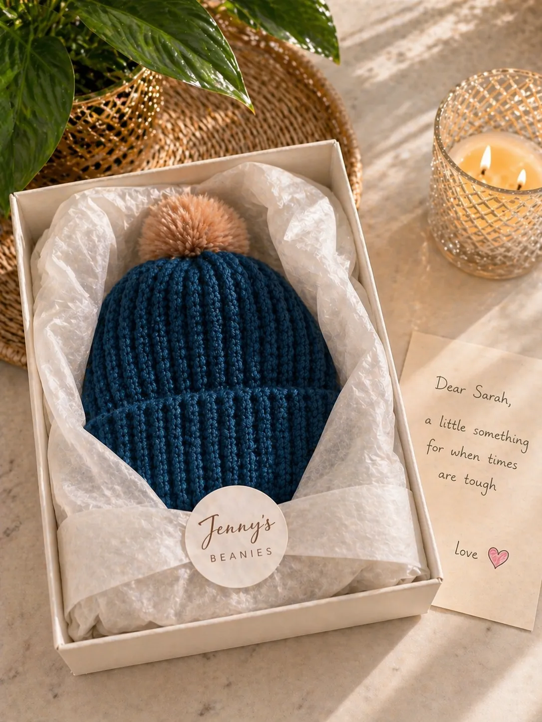 Navy blue ribbed beanie with brown pom pom, nestled in white tissue paper inside a branded gift box with Jenny's Beanies sticker