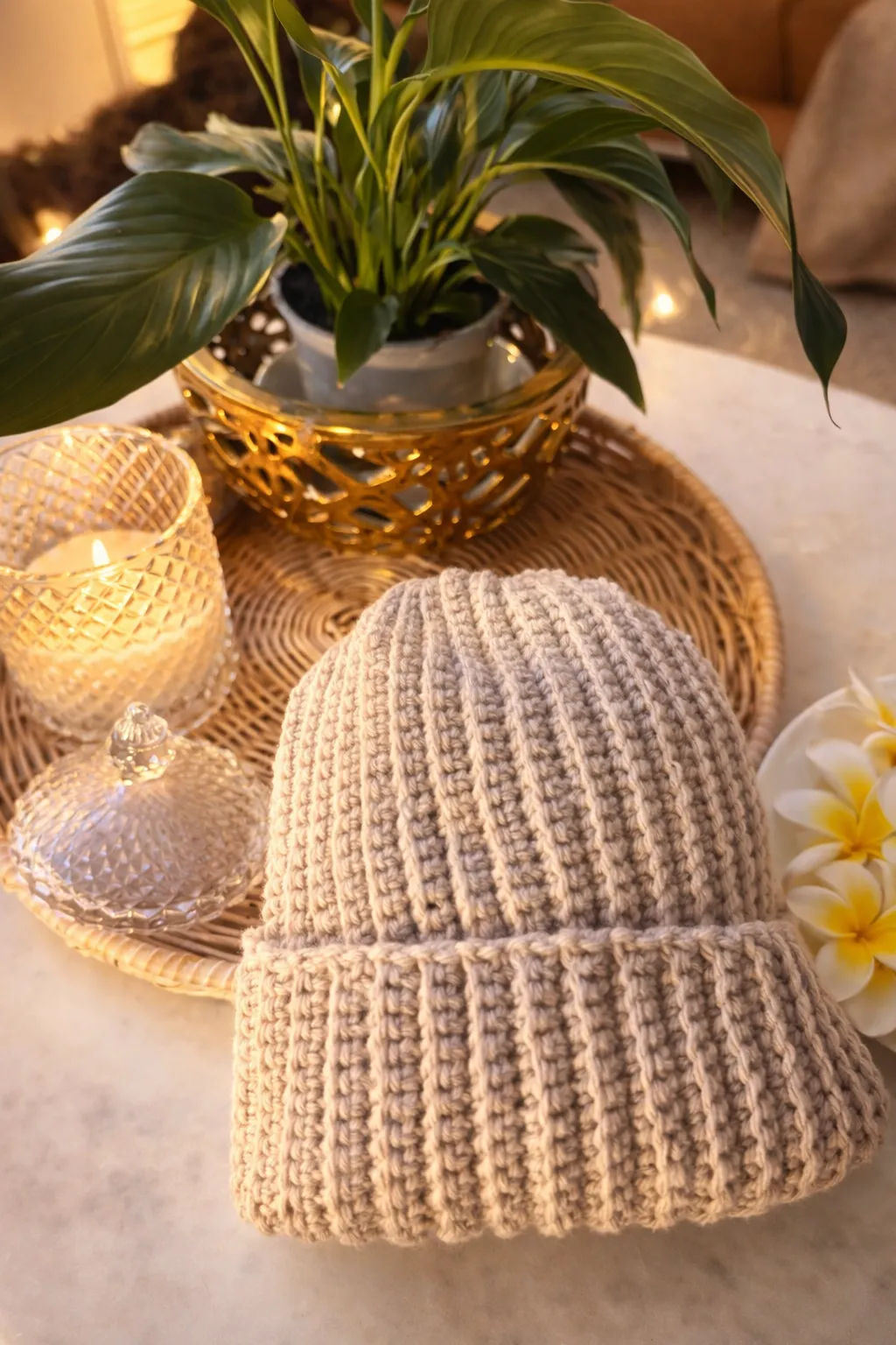 A plain oatmeal adult ribbed beanie on a wicker tray with a candle and plant.