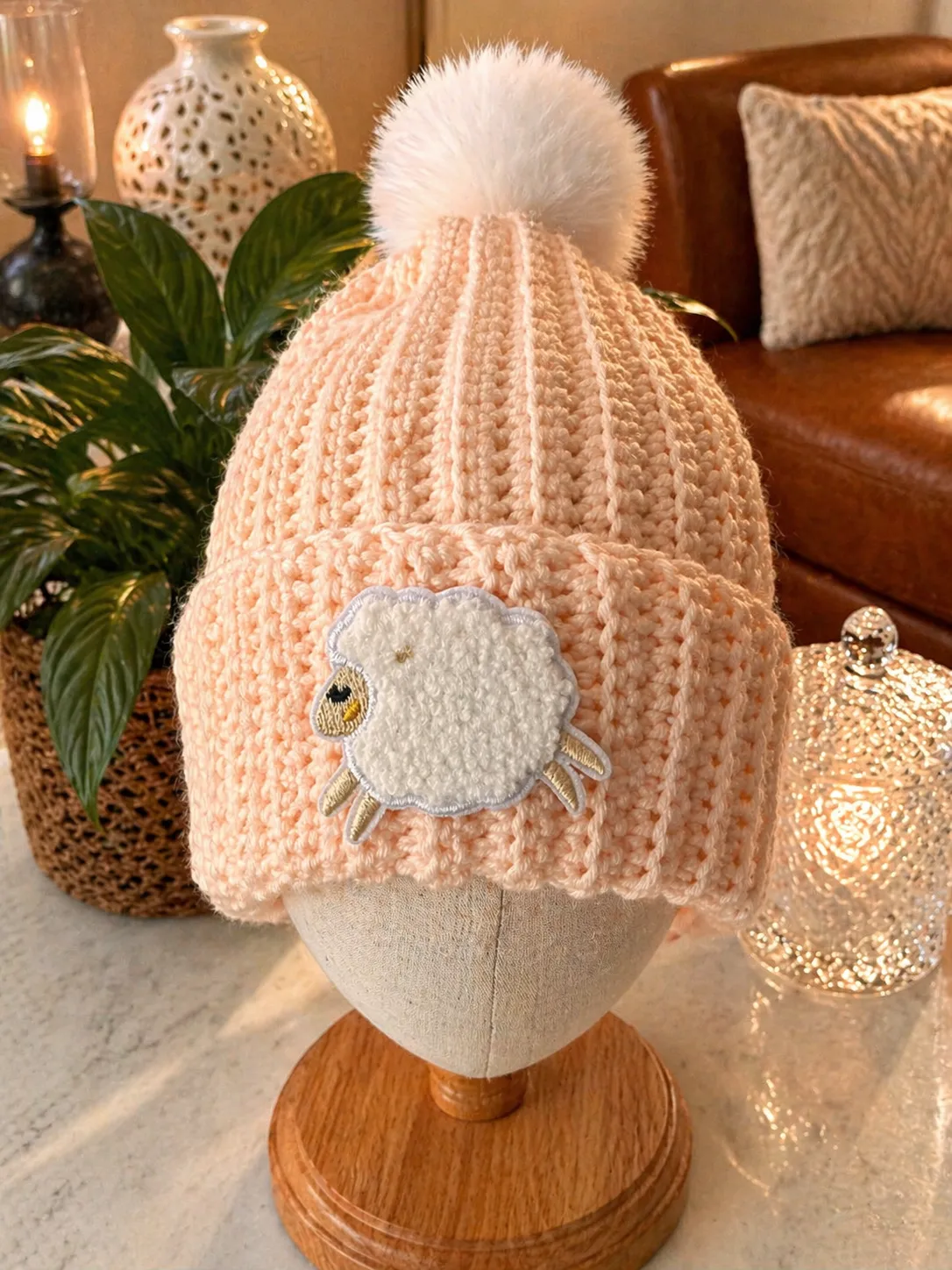 Blush pink with puffy lamb and white pom pom