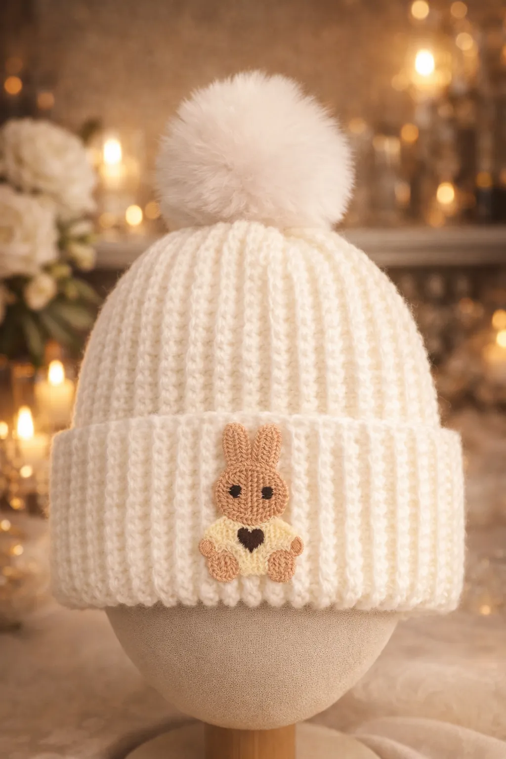 Cream ribbed baby beanie with a bunny face.