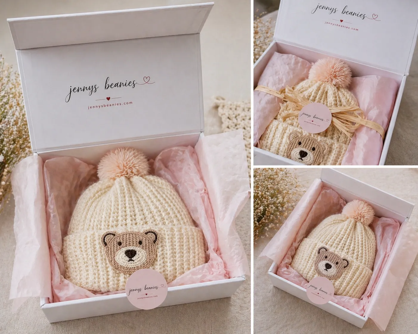 An oatmeal beanie with two white pom pom ears and a panda face, wrapped in tissue with a circular Jenny's Beanies sticker.