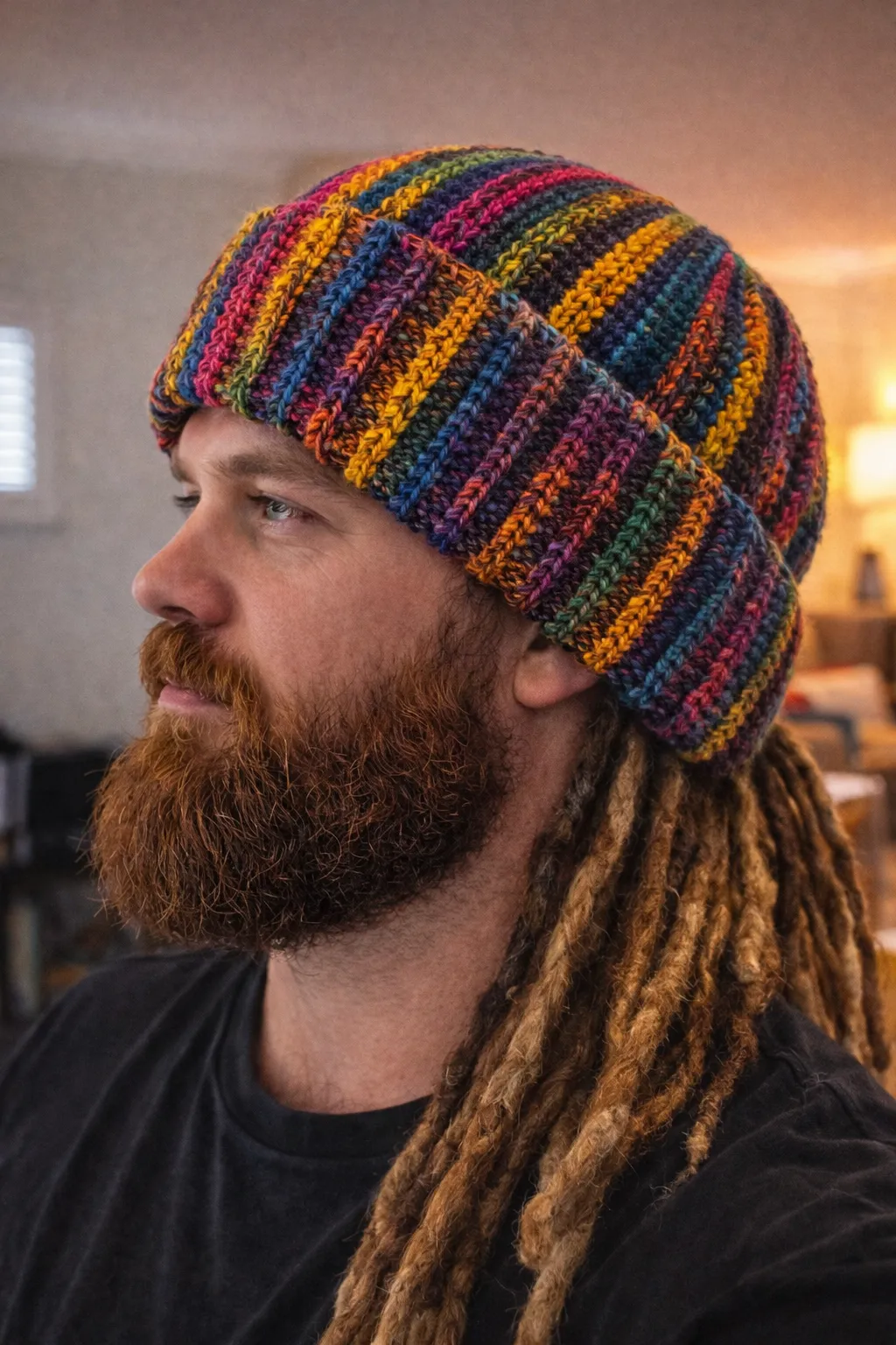 Hand-dyed rainbow-ribbed adult beanie on a wearer.