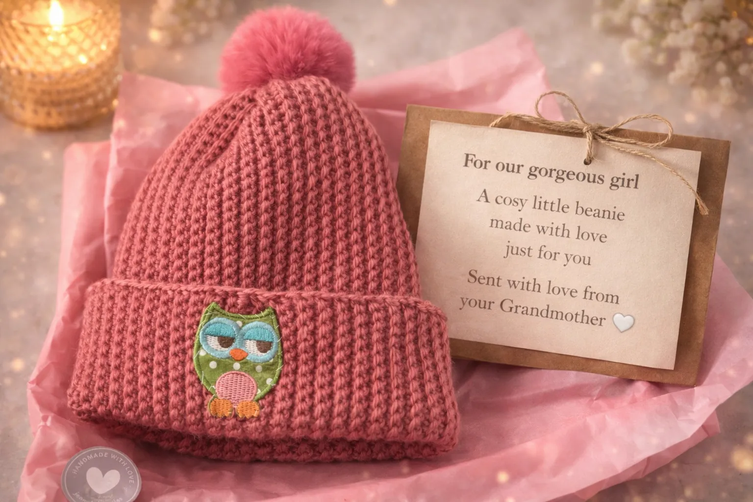 Dusty rose beanie with a rose pom and owl patch, with a handwritten gift tag.